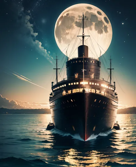 View of the harbor from the Titanic、A city with a view of the sea、moon、The moonlight with a halo、Yellow moon、The scenery is of a 1940s townscape.、