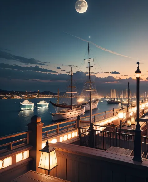 View of the harbor from the Titanic、A city with a view of the sea、moon、The moonlight with a halo、Yellow moon、The scenery is of a 1940s townscape.、