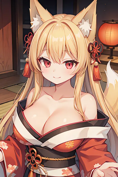 highest quality、smile、Big Breasts、Cleavage、Fox ears、Long blonde、Red Eye、kimono、Japanese-style room