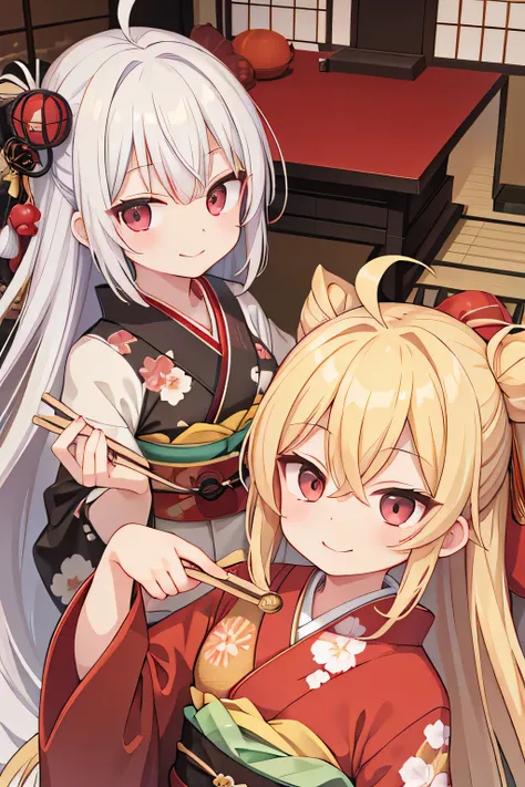 highest quality、smile、ahoge、long blonde、red eye、kimono、japanese-style room