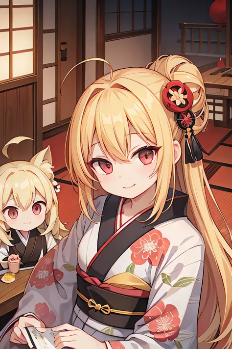 highest quality、smile、Ahoge、Long blonde、Red Eye、kimono、Japanese-style room