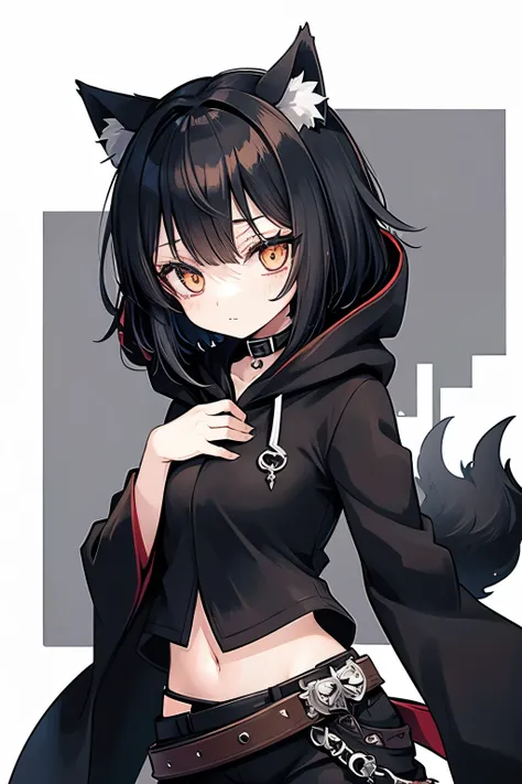 Gothic　Wolf Girl　Belt on torso　Black hood　Character portrait　whole body　Japanese anime hand drawn illustration