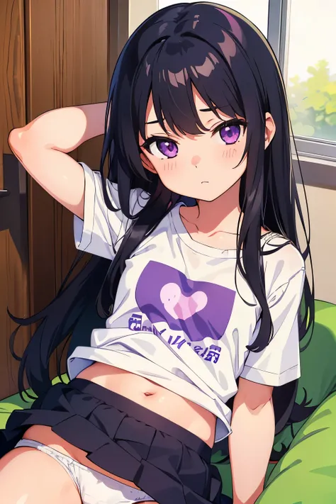 Elementary school girl, 8 years old　Flat chest, black hair, long hair, purple eyes　White large short-sleeved T-shirt on the upper body　White panties on lower body（（I can see her panties）） barefoot　Girl&#39;s Room　holding the hem of the shirt　Standing Dynam...