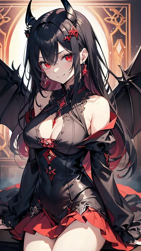 (best quality,very detailed,mackerel:1.2), 1 person,black hair,dark red eyes (darkred eyes:1.1),dark aura(aura:1.1),(occult,haunting:1.1) atmosphere,Looks like half devil,(demonic traits,demonic traits),(elaborate,fancy) earring,(dark,royal:1.1),devil horn...