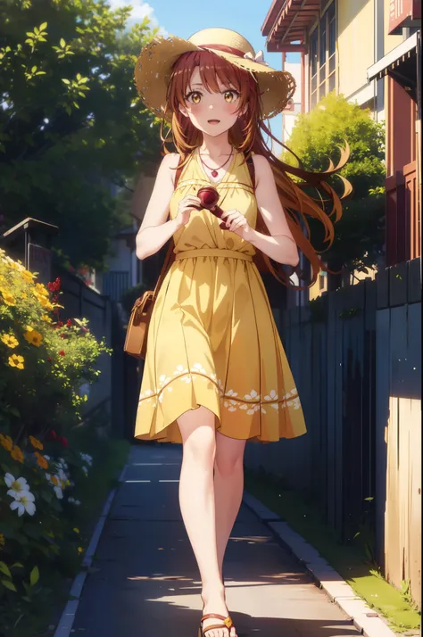 irohaisshiki, Isshiki Iroha, Long Hair, Brown Hair, (Brown ruby eyes:1.5), Sleeveless yellow dress,Yellow long skirt,Bare neck,Locket Necklace,Cute Sandals,Straw hat,happy smile, smile, Open your mouth,Daytime,Clear skies,True Summer,whole bodyがイラストに入るように,...