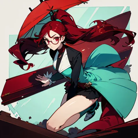 female character wavy dark red hair in a ponytail and turquoise eye with rectangle glasses wearing an elegant black and maroon with a skirt up to her knees based hero outfit and a parasol