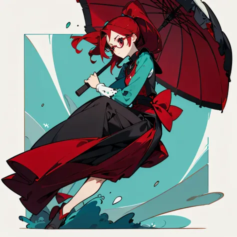 female character wavy dark red hair in a ponytail and turquoise eye with rectangle glasses wearing an elegant black and maroon with a skirt up to her knees based hero outfit and a parasol