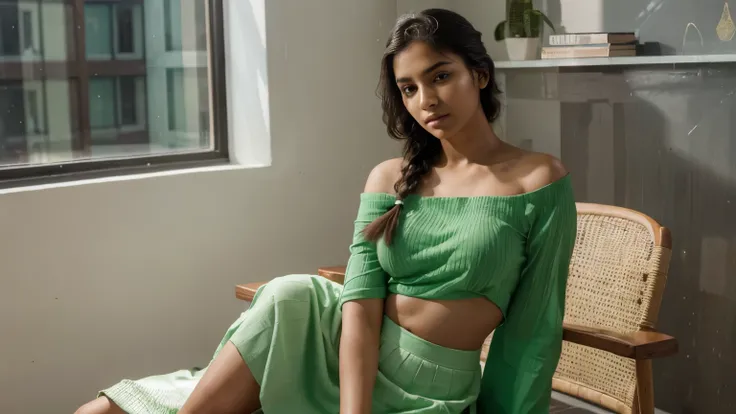 Best quality, masterpiece, Beautiful, young indian woman, window room, looking straight at viewer, wearing elegant bright green half sleeve top and long skirt, bedroom, posing on chair, professionalism, teen age, detailed face, detailed body, symmetric fac...