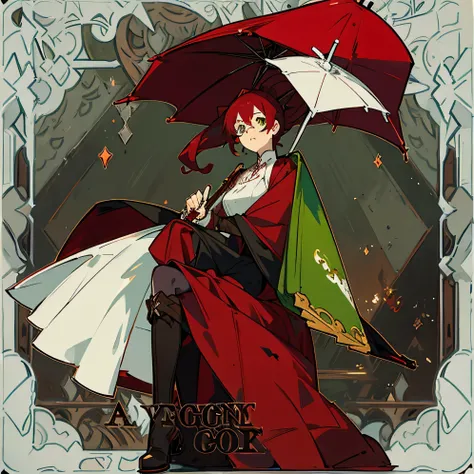 female character wavy dark red hair in a ponytail and green eyes with rectangle glasses wearing an elegant black and maroon hero outfit with brown boots that up to the knees and a parasol