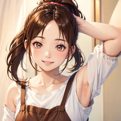 Brown hair. Ponytail. Anime girl. Asian girl. Ulzzang. Brown eyes. Smiling. Armpit.