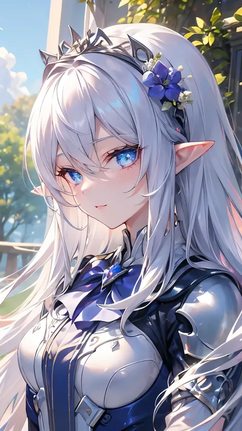 ((silver hair)), highly detailed face and eyes, (very long hair, straight hair), jewelry, purple hairband, long pointy ears, ani...