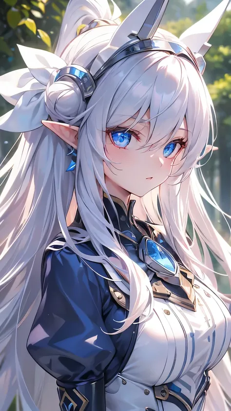 ((silver hair)), highly detailed face and eyes, (very long hair, straight hair), jewelry, purple hairband, long pointy ears, ani...