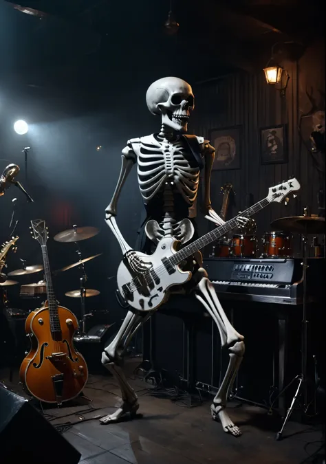 a skeleton is playing an electric guitar、you can see the drums and double bass.、the hands are also bones、the skeleton is wearing...