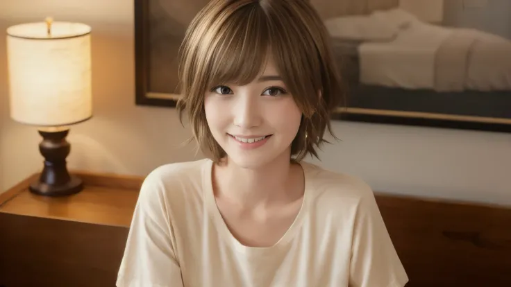 super high quality, Short Hair, Slender, (8k、RAW Photos、highest quality、masterpiece:1.2), Japanese Idol, Shaggy, (Realistic、Photorealistic:1.37), Mesh Hair, Golden Ratio, Raw photo, Cute face , Light Brown Hair, Small breasts, Blurred Background, Beautiful...