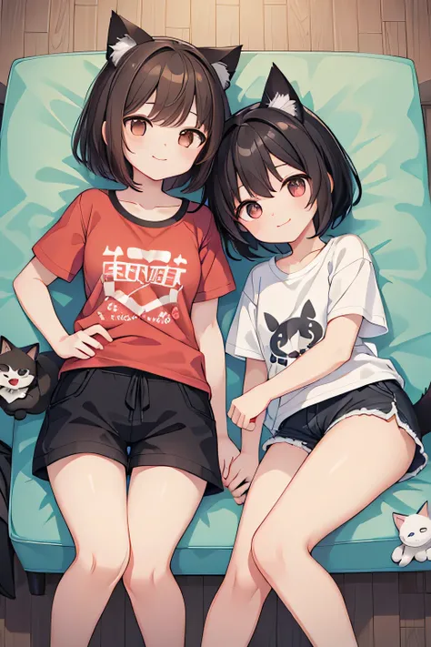 highest quality、Two Girls、Cat ears and short black hair、Dog ears and short brown hair、smile、T-Shirts、Shorts