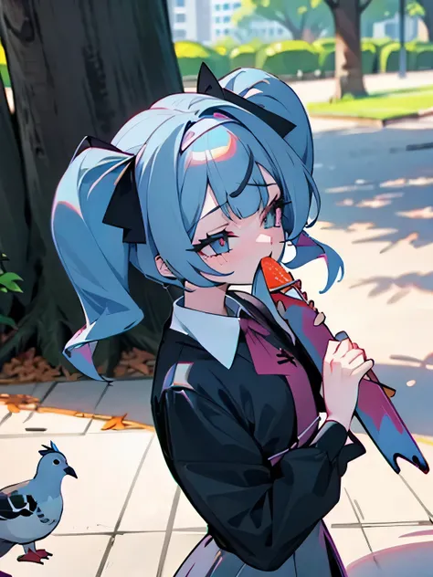 Hatsune Miku feeding pigeons in the park