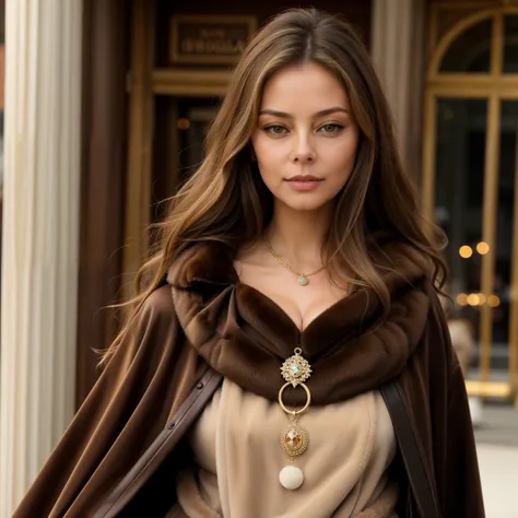 a huge, fluffy brown and sand mink fur coat, with a huge fur collar, three layers, enveloppe ornella muti , jeune 41 ans, cheuve...