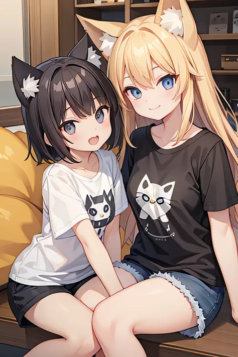 highest quality、Two Girls、Fox ears＆Long blonde、Cat ear＆Short black hair、smile、T-Shirts、Shorts