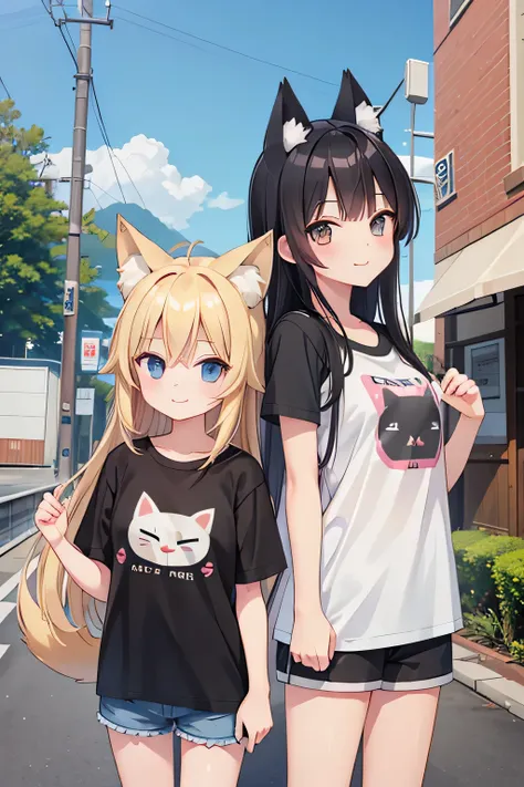 highest quality、two girls、fox ears＆long blonde、cat ear＆short black hair、smile、t-shirts、shorts