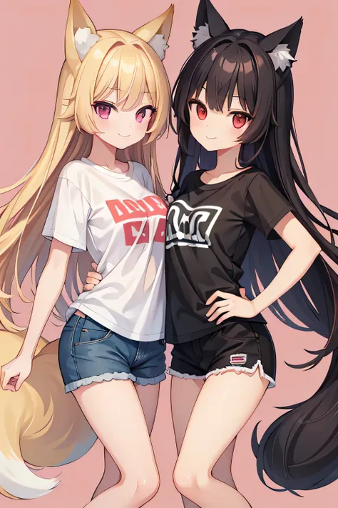 highest quality、two girls、fox ears＆long blonde＆red eye、cat ear＆short black hair＆iris、smile、t-shirts、shorts