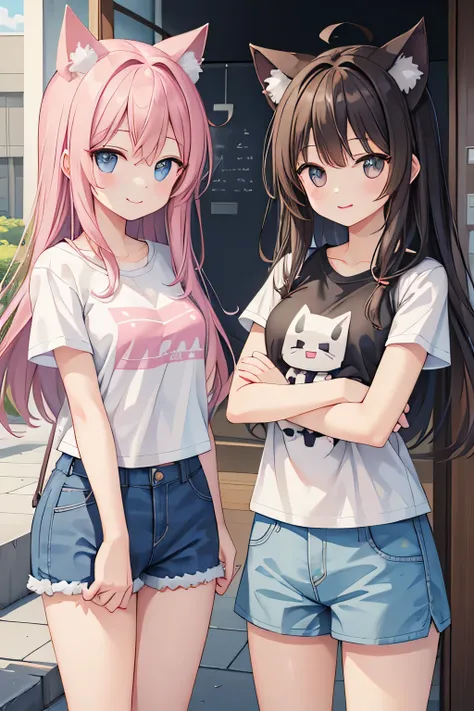 highest quality、Two Girls、A girl with cat ears and a girl with dog ears、smile、T-Shirts、Shorts