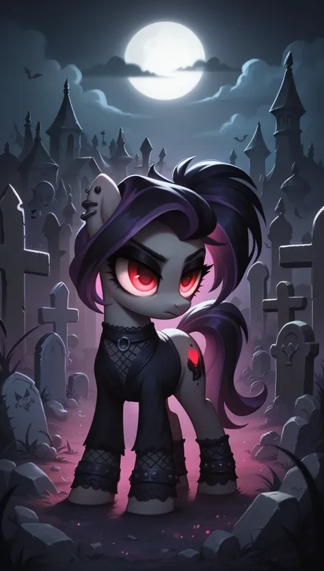 score_9,score_8_up,score_7_up,score_6_up, gothic pony, goth fashion, glowing backlight, graveyard scene, glitter, whimsical, enc...