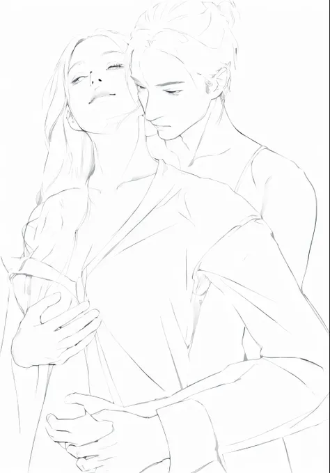 Drawing of a man and woman hugging each other, Couple pose, perfect line art, clean line art, thick line art, outline, outoutline, bold line art, simple line art, line art, Charlie Bowater and R.Jem, outline!!, Soft outline, Rich line art, Clean anime outl...