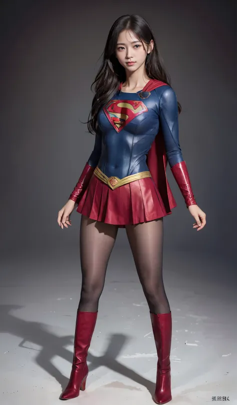 No background、(((Beautiful legs in black tights.)))、(((Legally express the beauty of your smile)))、((((Make the most of your original images)))、(((Supergirl Costume)))、(((Beautiful Hair)))、(((suffering)))、(((Please wear black tights....、Wear red boots)))、(...