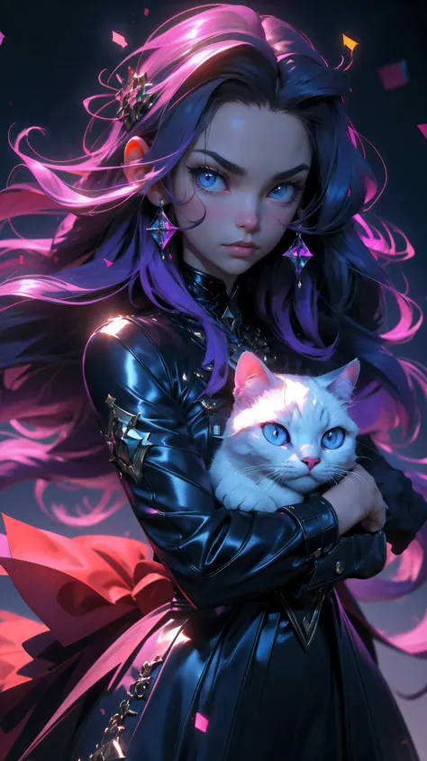 beautiful young girl,purple long hair,purple cat eyes,black leather dress,girl holding a white cat,(best quality,4k,8k,highres,masterpiece:1.2),ultra-detailed,(realistic,photorealistic,photo-realistic:1.37),(HDR,UHD),dark fantasy art,portrait,studio lighti...