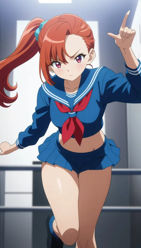 (Anime artwork, Anime Style, Studio Anime, Very detailed, Latest, Vibrant, Anime Coloring, High Contrast, masterpiece:1.2, highest quality, Best aesthetics), A woman wearing a sailor suit, Pleated skirt, Medium chest, Thighs glimpsed, Redhead, Side Ponytai...