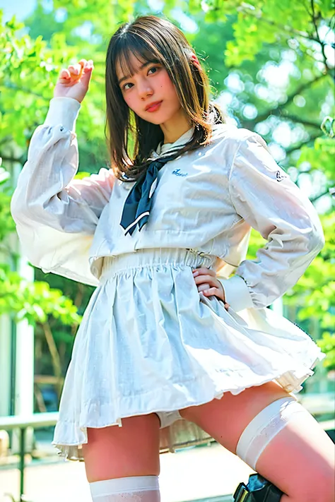 (8k、RAW Photos、highest quality、masterpiece:1.2)、(Realistic、Realistic)、 (from below:1.5),1 girl、white skin、ponytail、Beautiful bangs、((Smooth, shiny, super long, natural blonde)),Silky Hair、Looking straight at the camera、Japanese Sailor Suit、micro skirt,Smal...