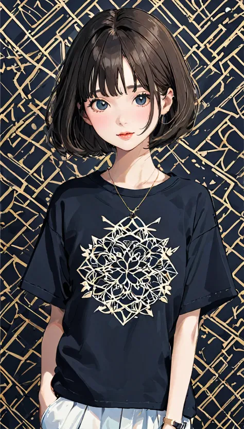 complex geometric pattern background、dark、cute、short bob、avert your eyes、white buggyｔshirt、プリントshirt、loose-fitting clothing、retr...