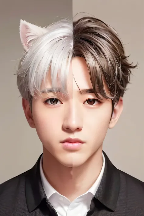 １male、、highest quality、masterpiece、8k、、Realistic Skin、(head shot:1.45)、、disheveled gray hair、(White dog ears)、、(Brown eyes)、Black polo shirt