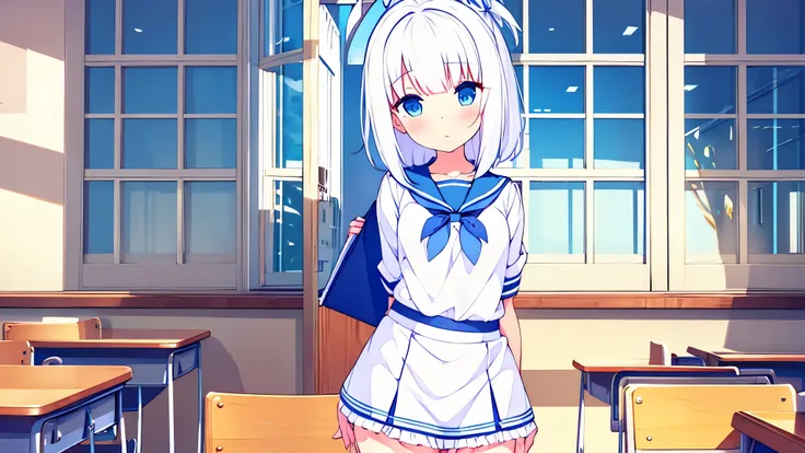 1 cute beautiful great quality perfect anatomy 8k girl white hair with ribbon decorations on her head blue eyes in School Bloomers Women with white mayas at home