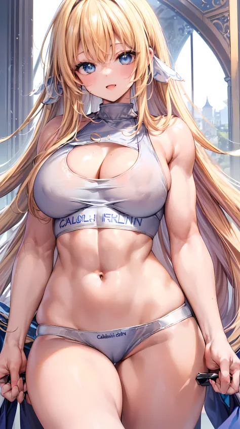 Very detailed、highest quality、Best image quality、masterpiece、8k、Anime Face、A kind smile、(Open your mouth:1.3)、Sparkling blue eyes、(Blonde semi-long hair:1.5)、(Muscles of the whole body:1.3)、(High leg:1.8)、Thigh belt、(Calvin Klein T-back:1.5)、(Upper body cl...