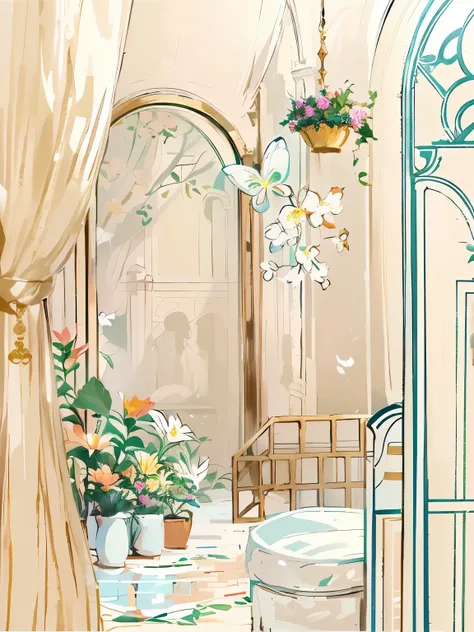 There is a painting，There is a room in the painting，There is a chair and a table inside, art nouveau environment, Flower environment, interior background technology, Digital illustration style, A beautiful artistic illustration, Fairy tale style background...