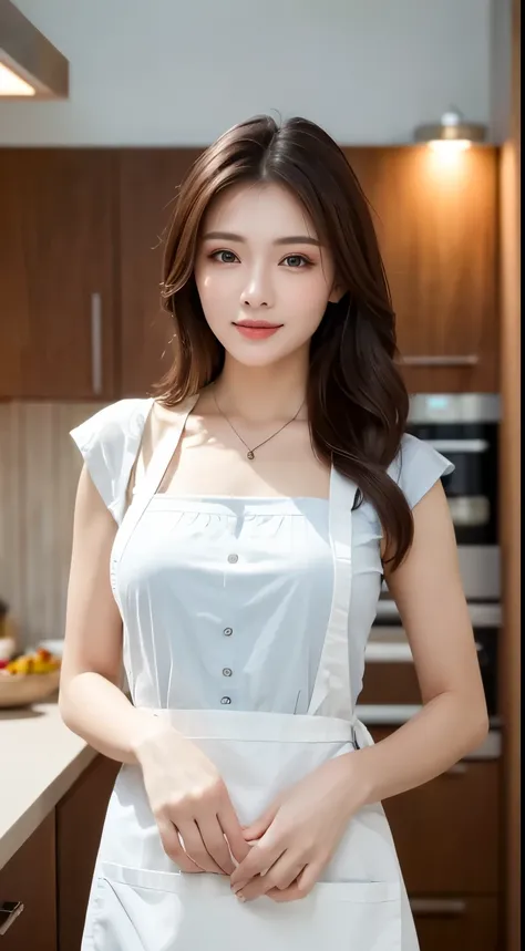 (highest quality, 8k, masterpiece: 1.3), Beautiful woman with perfect figure: 1.2, Dark brown hair, Wearing a pendant, Wearing an apron, In the kitchen, Highly detailed face and skin, Beautiful Eyes, double eyelid, Bold Oriental Eyes, Sexy lips.