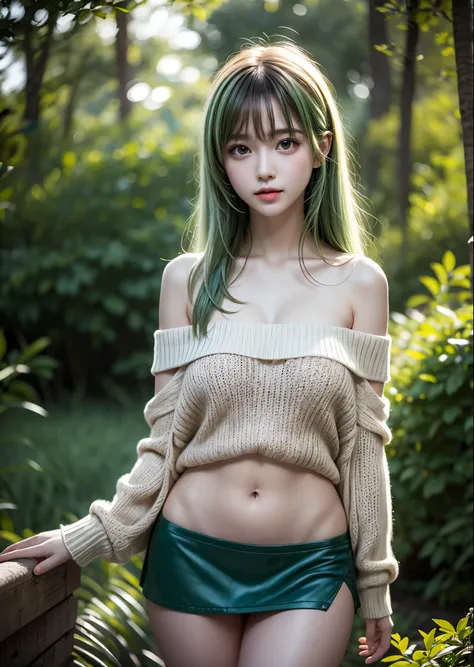 Off-the-shoulder sweater、mini skirt、Fairy Tail、in the forest、20-year-old woman、Big eyes、Small breasts、Light green hair、Small lights flying around the body、Perfect lighting、Sharp focus、High resolution、High resolution、High color reproducibility、High resoluti...