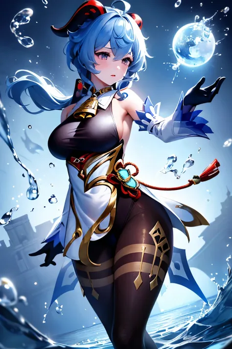 ((ganyudef)):1.5,((masterpiece,highest quality,Highly detailed images,Beautiful images))1.4(Image of ganyu with arms outstretched、Huge underwater ruins in the background、Underwater world、Many bubbles floating around、Overall dim lighting、Backlight、A fantast...