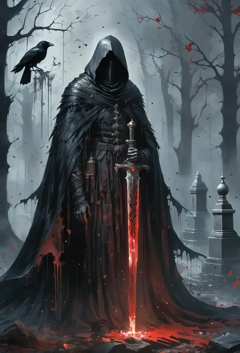 A person wearing a cloak, holding a sword, a lantern, with a red aura emanating from it, surrounded by black candles, blood spattered everywhere, its flowing, exquisite details, in 8k resolution (best quality, 8k, highres, ultra-detailed), with a magical t...