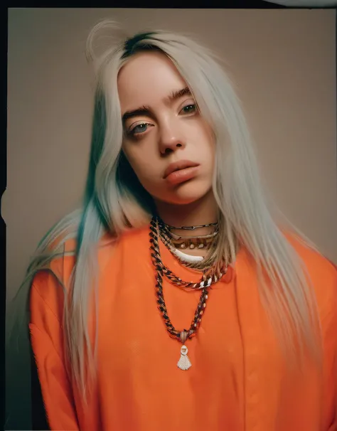 billieeilish,Foto realista de una mujer hermosa, 1 chica, solo, pelo largo, tiene, joyas, pelo azul, chaqueta, pelo multicolor, collar, pulsera, labios, realista, moda, Soft lighting, professional photography, Photorealista, detallado, crudo, analogous thi...