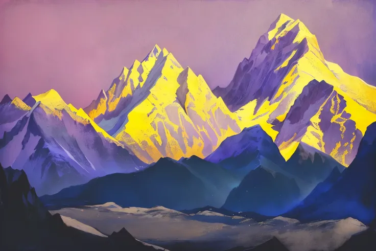 painting of a mountain range with a purple sky and yellow light, by Nicholas Roerich, inspired by Nicholas Roerich, inspired by Svetoslav Roerich, by Svetoslav Roerich, nicholas roerich!!, inspired by Rockwell Kent, inspired by Paul Henry, violet and yello...