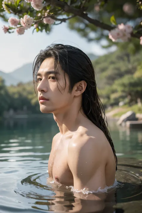 1 boy, Young male, Detailed eyes and faces, Perfect male body, eye looking to camera, (long hair, half body inside water, Topless, bathe in water, wet hair and body),portrait, Chinese clothing, China Landscape, Outdoor, peach blossoms, pine trees, lake, co...