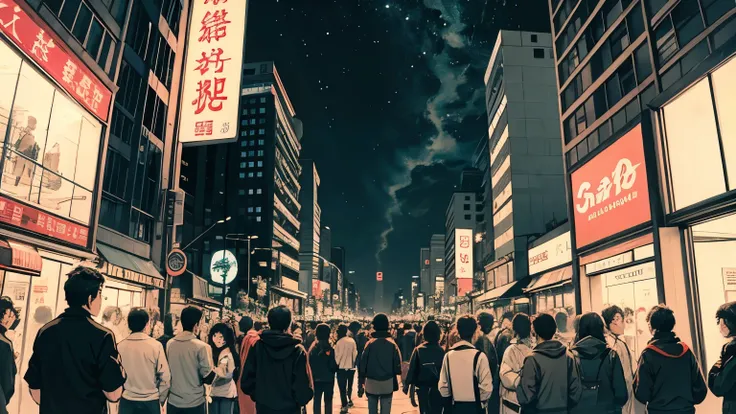 1 girl, 90s anime style, night, , Urban intersection、Girl wearing headphones, late night , Listening to music alone, City Pop, high quality,  綺麗なnight景、Lo-Fi, Chill, late night,Urban hustle and bustle、 crowd, ,nightの街中 futuristic night view outside the win...