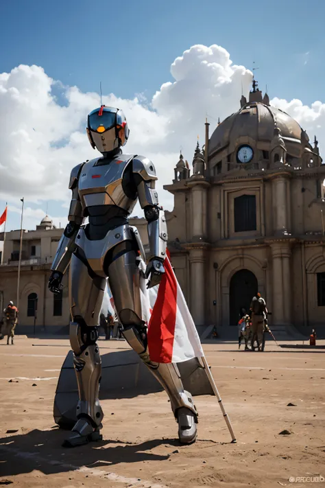 creates a futuristic robot in the foreground carrying the flag of Peru