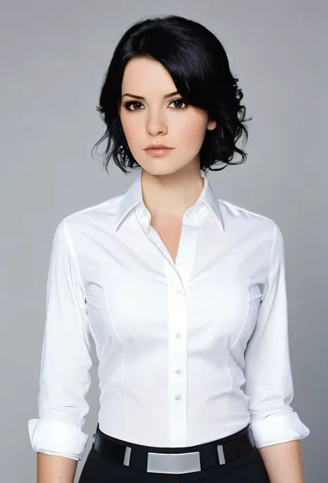 brown eyes, tall woman, black hair, short hair, fair skin, white skin, perfect face, perfect body, white dress shirt, black tie, black dress pants, star wars universe, blaster(star Wars) 