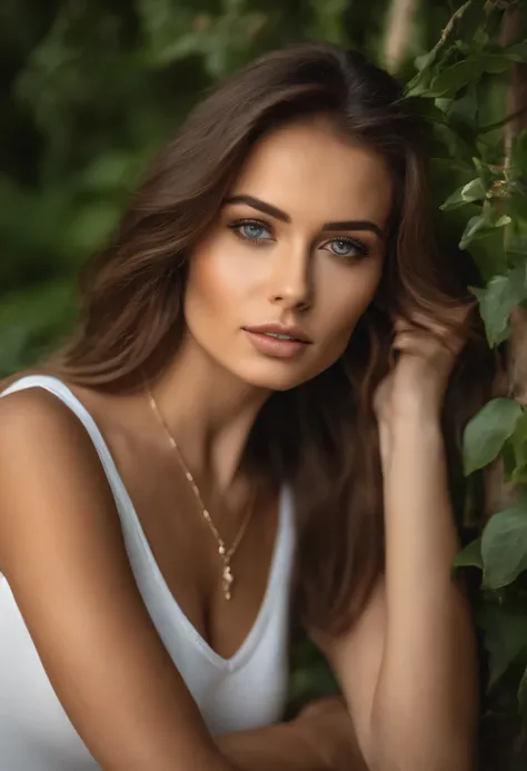 cropped woman with white tank top and necklace, fille sexy aux yeux verts, Portrait de Sophie Mudd, cheveux bruns et grands yeux, selfie d&#39;une jeune femme, Yeux de chambre, Violette Myers, sans maquillage, Maquillage naturel, regarder directement la ca...