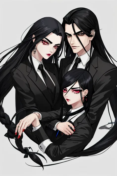 mobster, long black hair with elastic, eyebrow piercing, twin woman and man 