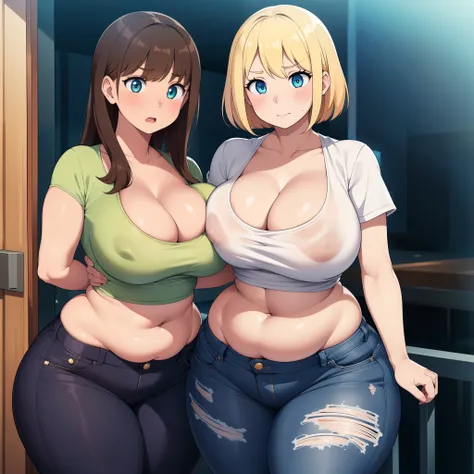 ((highres)), Masterpiece, high quality, best quality, beautiful, perfect lighting, detailed face, ultra cute face, (((2girls))), ((blush)), embarrassed, skindentation, tight clothes, fast food restaurant, touching each other, arms behind back, breast bump,...