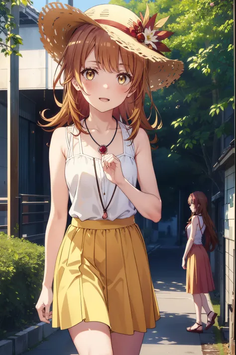 irohaisshiki, Isshiki Iroha, Long Hair, Brown Hair, (Brown ruby eyes:1.5), Sleeveless yellow dress,Yellow long skirt,Bare neck,Locket Necklace,Cute Sandals,Straw hat,happy smile, smile, Open your mouth,Daytime,Clear skies,True Summer,whole bodyがイラストに入るように,...